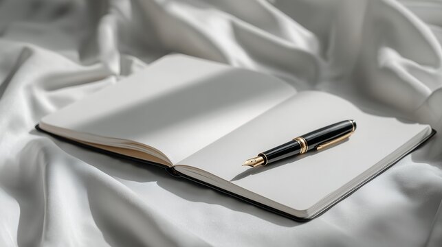 Close-up of an open blank notebook with a fountain pen on a silky white fabric. Concept for journaling, creative writing and planning