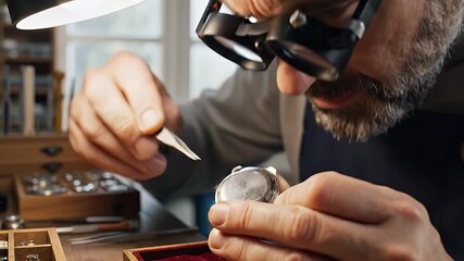 A skilled jeweler carefully examines and works on a wristwatch in a well-organized workshop filled with tools and watch parts