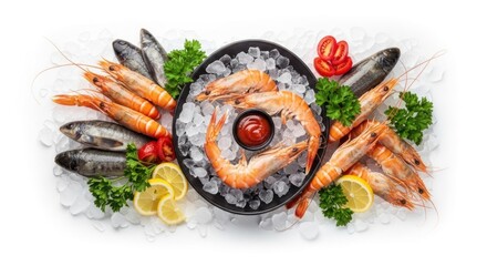 Fresh seafood platter with shrimp, fish, ice, lemon, and parsley arrangement