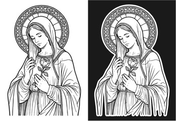 Virgin Mary – Black and White Line Art Religious Illustration