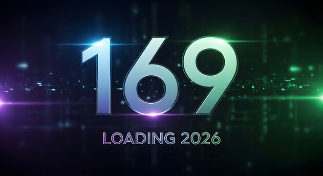 Digital countdown 169 loading for year 2026 with futuristic effects
