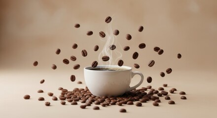 Aromatic indulgence: Floating coffee beans dance around a steaming cup of joe