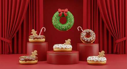 Christmas themed donuts with gingerbread men and candy canes.
