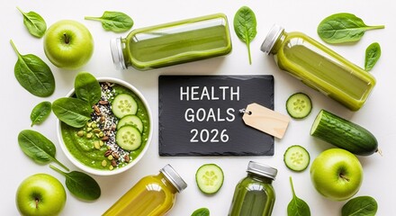 Health Goals 2026 Green Smoothie Detox Diet Vegetables Fruit Concept