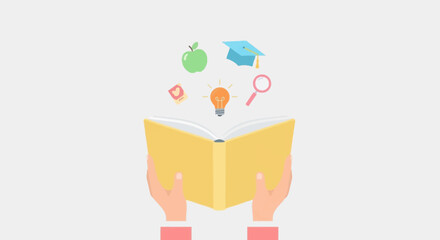 Hands holding open book with education icons floating above. Learning and knowledge concept.