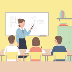 Woman teaching students in classroom, explaining diagram on whiteboard, education concept.