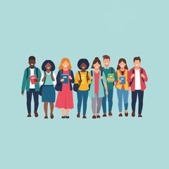 Fototapeta premium Diverse group of students with backpacks and books walking together. Education concept.