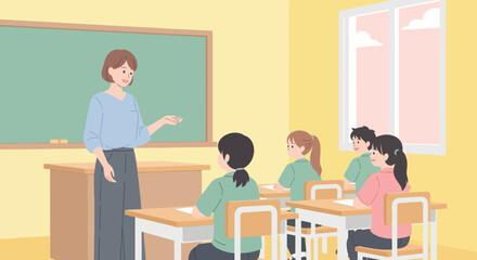 Woman teacher teaching students in classroom with chalkboard. Education concept vector.
