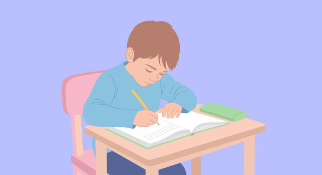 Concentrated young boy sitting at desk, writing in notebook with pencil in hand. - Powered by Adobe