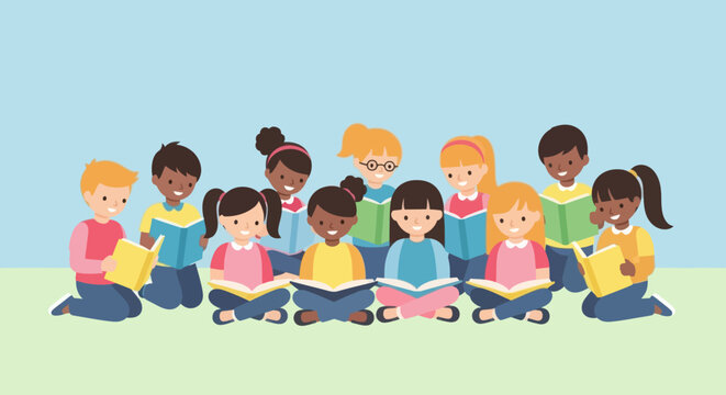 Group of diverse children sitting in circle reading books together. Early education concept.