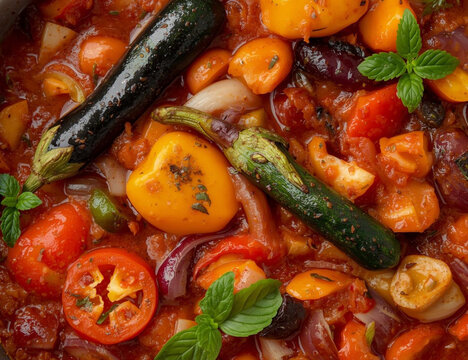 Flavorful homemade vegetable ratatouille simmering in a rich tomato sauce, featuring zucchini, bell peppers, and fresh herbs