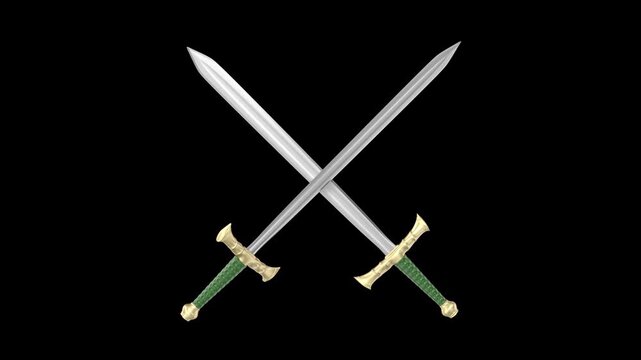 Spinning crossed medieval swords on black background