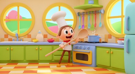 Playful 3D cartoon chef with wooden spoon cooking in a bright, whimsical kitchen scene