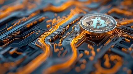 A close-up shot of a Bitcoin coin resting on a complex circuit board with glowing orange lines, symbolizing digital currency and technology.