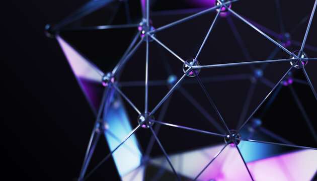 Neon glass dots and connected metal lines on black 3d background. Abstract wireframe sphere of geometric triangle shapes, crystal beads. Polygon mesh with bright blue purple gradient. 3D illustration