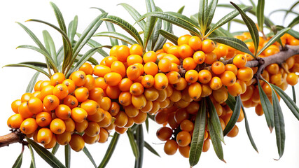 Branch of sea buckthorn with bright orange healthy berries