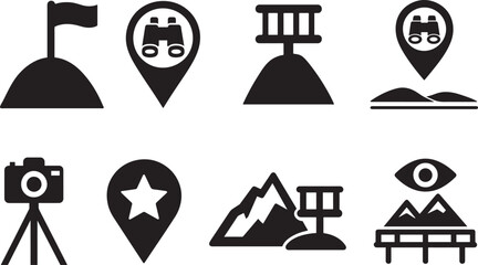 Silhouette view point icon set featuring lookout markers, ideal for maps and navigation use.