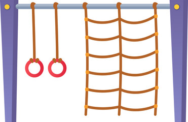 Playground equipment with climbing net and gymnastic rings