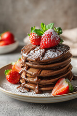 Stack of Fluffy Chocolate Pancakes with Fresh Strawberries and Syrup Drizzle