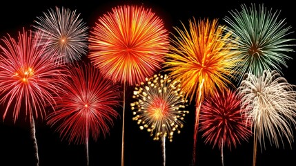A vibrant and diverse collection of fireworks burst in various colors and patterns against a deep black night sky, creating a festive and celebratory atmosphere