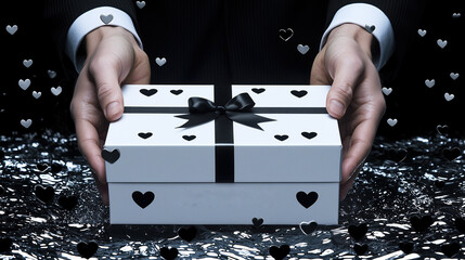 Elegant Gift Box (Heart Details) Held by Formal Hands · Romantic Gifting Ambiance Concept
