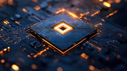 Close-up of a central processing unit (CPU) on a dark blue circuit board, illuminated by glowing orange lights and circuitry. The image conveys a sense of advan