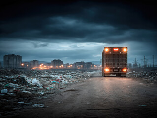 Rubbish truck parked on a dirt road amidst a littered landscape, illuminated by city lights in the background, showcasing urban waste management and environmental challenges