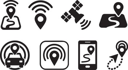 Silhouette GPS tracking icon set with location markers and route symbols for maps and navigation.