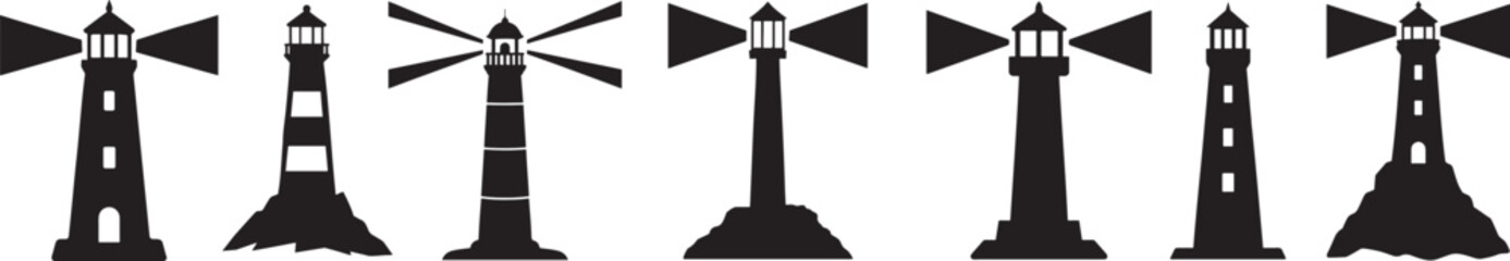 Silhouette lighthouse tower icon set with simple beacon shapes, ideal for maps and coastal guides.