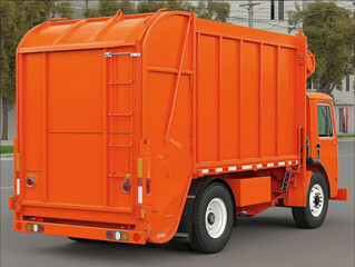 Rubbish truck in vibrant orange color parked on city street, showcasing modern design features and functional elements, representing waste management and urban cleanliness