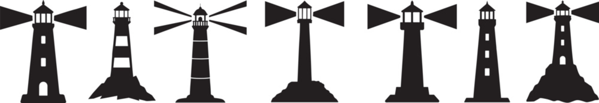 Silhouette lighthouse tower icon set with simple beacon shapes, ideal for maps and coastal guides.