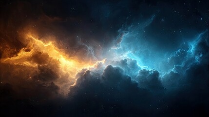 Obraz premium A vast expanse of deep space filled with swirling cosmic clouds. One side glows with intense fiery orange light, while the other is illuminated by vibrant elect