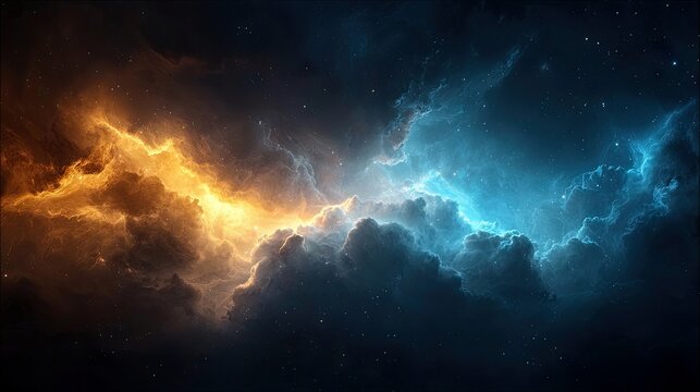 A vast expanse of deep space filled with swirling cosmic clouds. One side glows with intense fiery orange light, while the other is illuminated by vibrant elect
