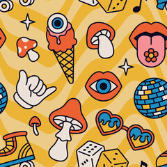 Psychedelic seamless pattern with retro 60s 70s elements