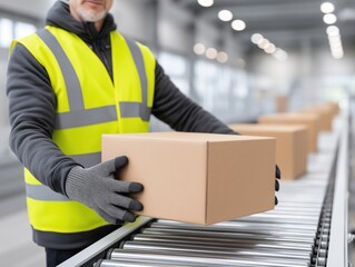 Worker in safety vest and gloves handling cardboard box on conveyor belt in modern warehouse, showcasing logistics and distribution processes in action