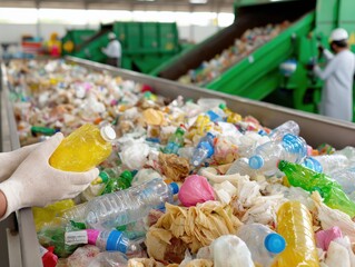 Rubbish truck unloading waste materials at recycling facility, showcasing various plastic bottles and trash, emphasizing environmental impact and waste management practices