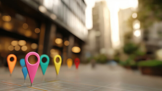 Colorful markers show various urban locations, created AI