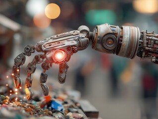 Robotic hand with intricate design interacts with colorful debris, showcasing advanced technology in waste management and environmental sustainability concept