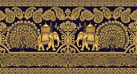 Royal indian wedding border featuring elephants, peacocks, paisley