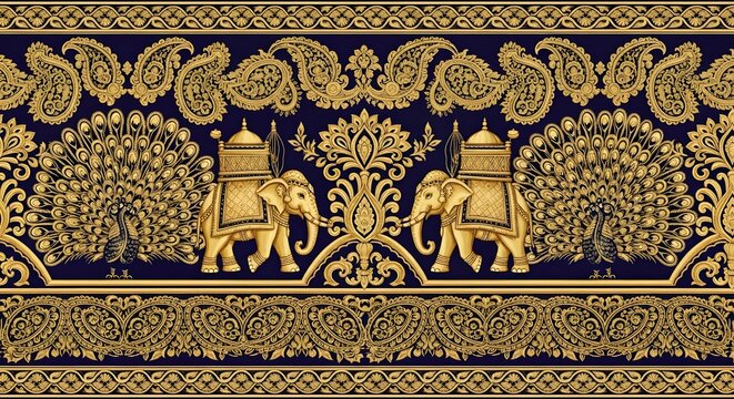 Royal indian wedding border featuring elephants, peacocks, paisley