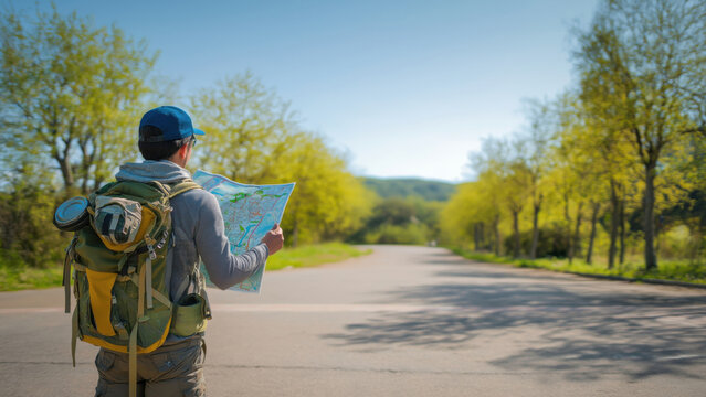 Person navigates a tree-lined path using a map, created AI