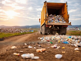 Rubbish truck unloading waste on dirt road, surrounded by scattered trash and a scenic landscape, highlighting environmental impact and waste management concept