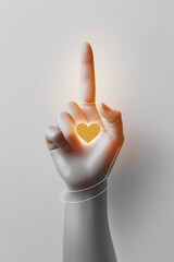 stylized human hand with an uplifted index finger touching a glowing orange heart icon. digital care, love, charity, or online donation concept.