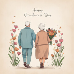 Watercolor illustration of an elderly couple walking away in a flower garden with "Happy Grandparents Day" text. Template for greeting card