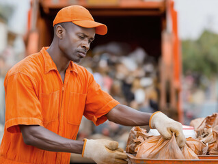 Rubbish truck worker in bright orange uniform carefully loading waste bags into vehicle, showcasing dedication to cleanliness and environmental responsibility in urban setting