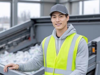 Rubbish truck operator wearing safety vest stands confidently beside waste management vehicle in recycling facility, showcasing commitment to environmental sustainability and community service