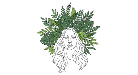 Beautiful one-line art portrait of a woman's face framed by a lush crown of various green tropical leaves, symbolizing a deep connection with nature.