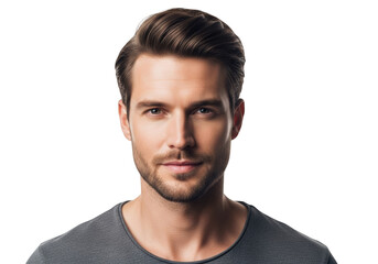 A professional portrait of a man with a short haircut and a beard, wearing a simple gray shirt, actor, beard, face, gray, man, portrait, pose 