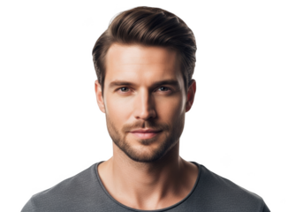 A professional portrait of a man with a short haircut and a beard, wearing a simple gray shirt, actor, beard, face, gray, man, portrait, pose 