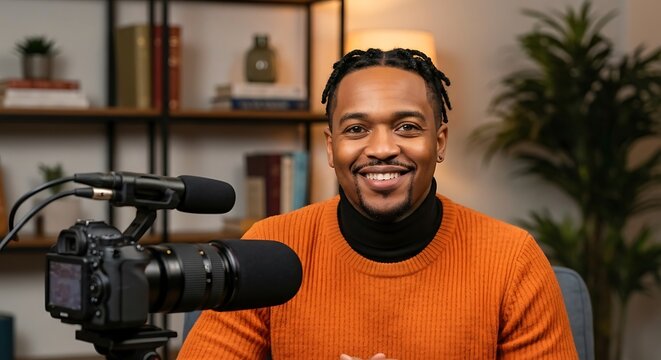 Smiling man with camera and microphone podcast